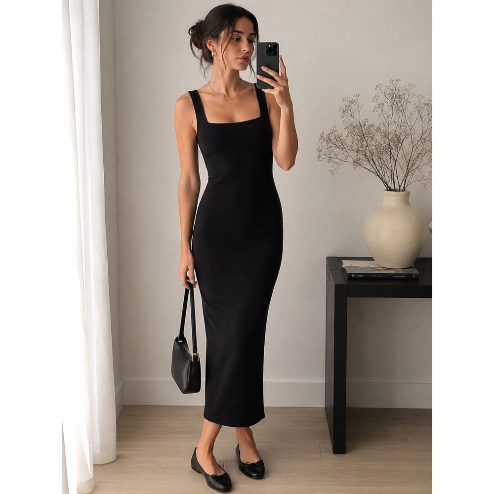 AQUA Ribbed Knit Bodycon Midi Dress Black Square Neck‎ Minimalist M